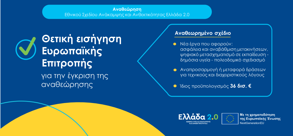 Θετική εισήγηση της Ευρωπαϊκής Επιτροπής για την αναθεώρηση του Εθνικού Σχεδίου Ανάκαμψης και Ανθεκτικότητας «Ελλάδα 2.0»